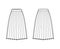 Skirt side knife pleat technical fashion illustration with below-the-knee silhouette, circular fullness, thick waistband