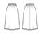 Skirt slip dirndl technical fashion illustration with below-the-knee silhouette, A-line fullness, scalloped edge bottom