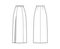 Skirt slit maxi technical fashion illustration with floor ankle lengths silhouette, pencil fullness Flat bottom template