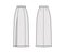 Skirt slit maxi technical fashion illustration with floor ankle lengths silhouette, pencil fullness Flat bottom template