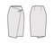 Skirt wrap technical fashion illustration with straight knee silhouette, pencil fullness, close with carabiner connector