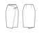 Skirt wrap technical fashion illustration with straight knee silhouette, pencil fullness, close with carabiner connector