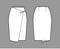 Skirt wrap technical fashion illustration with straight knee silhouette, pencil fullness, close with carabiner connector