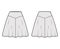 Skirt yoke technical fashion illustration with above-the-knee lengths silhouette, semi-circular fullness. Flat bottom