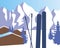 Skis, ski poles in winter resort, flat vector stock illustration with nobody as concept of ski resort, nature mountains
