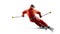 Skis. Skiing Man in action. Back view. In action. Sportsman in a red ski suit. Driving at high speed. Skiing sport