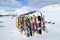 Skis and snowboards on alpine slopes