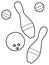 Skittles with balls and bowling ball, picture for children coloring, black and white, isolated.