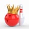 Skittles and red bowling ball crowned with a gold crown isolated on white background