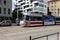 Skoda 13T tramway in a high speed with very strong motion blur effect in Brno streets