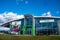 Skoda dealership glass facade on sunny day