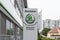 Skoda emblem at one of Skoda`s auto dealerships in Slovakia