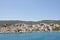 Skopelos island seaside coastline town with buildings, typical greek view