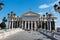 Skopje, Macedonia - August 26, 2017: Skopje Archeological museum with stone bridge with many monuments over Vardar river