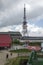 Skrzyczne, Poland, July 04, 2020: Peak, with a tourist hostel, meteorological station and telephony tower and chair lift station