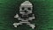 Skull with bones made from letters on green binary code overlay background on computer screen display - software piracy, computer