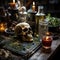 Skull, candles and drinks. Altar for the Day of the Dead in Mexico. Generative AI