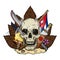 Skull with cigar on the background of tobacco leaves, a machete and a Cuban flag, standing on the sand