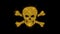 Skull and crossbones icon sparks particles on black background.