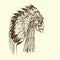 Skull in eagle feather hat of indians, hand drawn doodle, sketch in woodcut style, black and white illustration