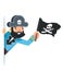 Skull flag sea dog pirate buccaneer filibuster corsair look out corner concept cartoon character flat design vector