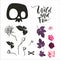Skull and flowers collection. Vector illustration of black and white symbols and icons, such as skull, rose flowers