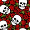 Skull and flowers pattern seamless. Skeleton head and roses back