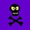 Skull with glowing eyes and crossbones n doodle flat style. Vector black silhouette isolated on dark purple background. Theme of