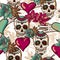 Skull, Hearts and Flowers Seamless Background