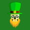 Skull of leprechaun on a green background with a gold tooth and a green hat. St. Patrick s Day vector illustration.