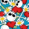 Skull and love seamless patetrn. Red heart and white daisies.