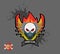 Skull in paintball mask, paintball guns. Wings, arms and flame.