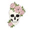 Skull with pink flowers on a white background.