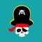 Skull Pirate portrait in hat. Eye patch. filibuster cap. skelet