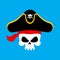 Skull Pirate portrait in hat. Eye patch. filibuster cap. skelet