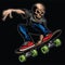 Skull riding skateboard and doing the stunt