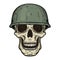 The skull of a soldier wearing a helmet.