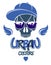 Skull in sunglasses and hat, urban theme vector logo or emblem, gangster or thug illustration, anarchy chaos hooligan, ghetto