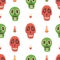 Skulls seamless pattern with candles and hearts. Dia de los Muertos card. Day of the Dead mexican background. Mexico