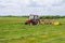 Skutech, Czech Republic, 4 June 2020: A tractor with a rotary rake rakes freshly cut grass for silage in the field