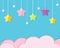 Sky background with pink clouds and colorful hanging stars. Background in paper cut, paper craft style. For baby, kids and nursery