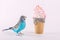 Sky blue wavy parrot with ice cream