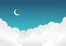 Sky and clouds background with bright stars and half moon.