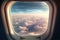 Sky with clouds seen through airplane window, created using generative ai technology