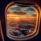 Sky with clouds and sunset seen through airplane window, created using generative ai technology