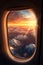 Sky with clouds and sunset seen through airplane window, created using generative ai technology