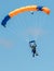 Sky diving tandem parachutists gliding toward landing