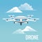 Sky landscape background white modern robot drone with four airscrew and pair of telescope