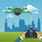Sky landscape with buildings scene and people handle remote control with green robot drone with four airscrew