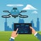 Sky landscape with buildings scene and people handle remote control in tablet with blue robot drone with five airscrew